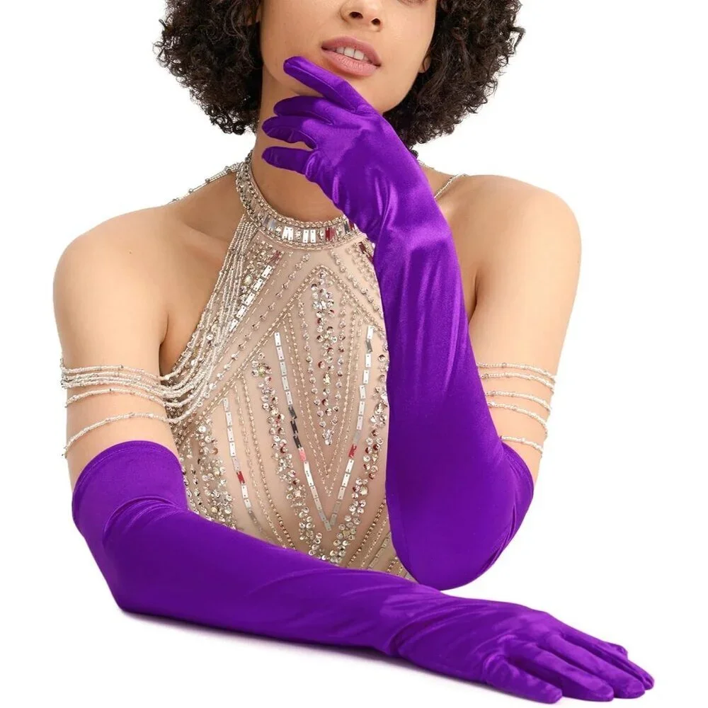 Women's Evening Purple Long Satin Gloves Elbow Length Formal Party Prom Wear